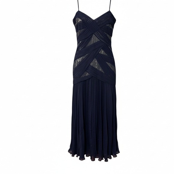 Tadashi Shoji Women Evening Gown 14 Navy Silver Silk Sequin Pleated Formal Event - Picture 3 of 5